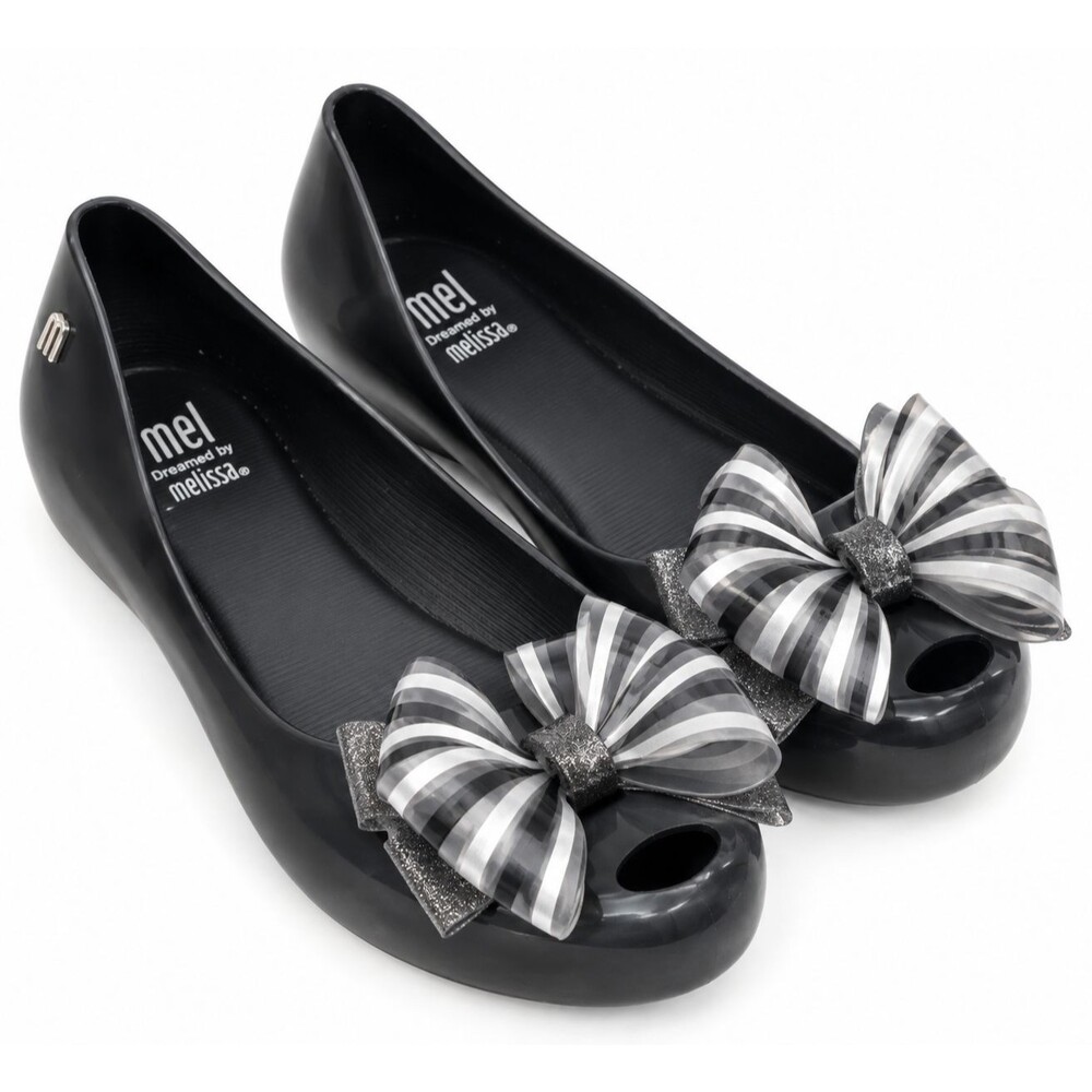 Mel Melissa Black Jelly Ballet Flats Silver Bow Balletcore Girls Kids Size 3